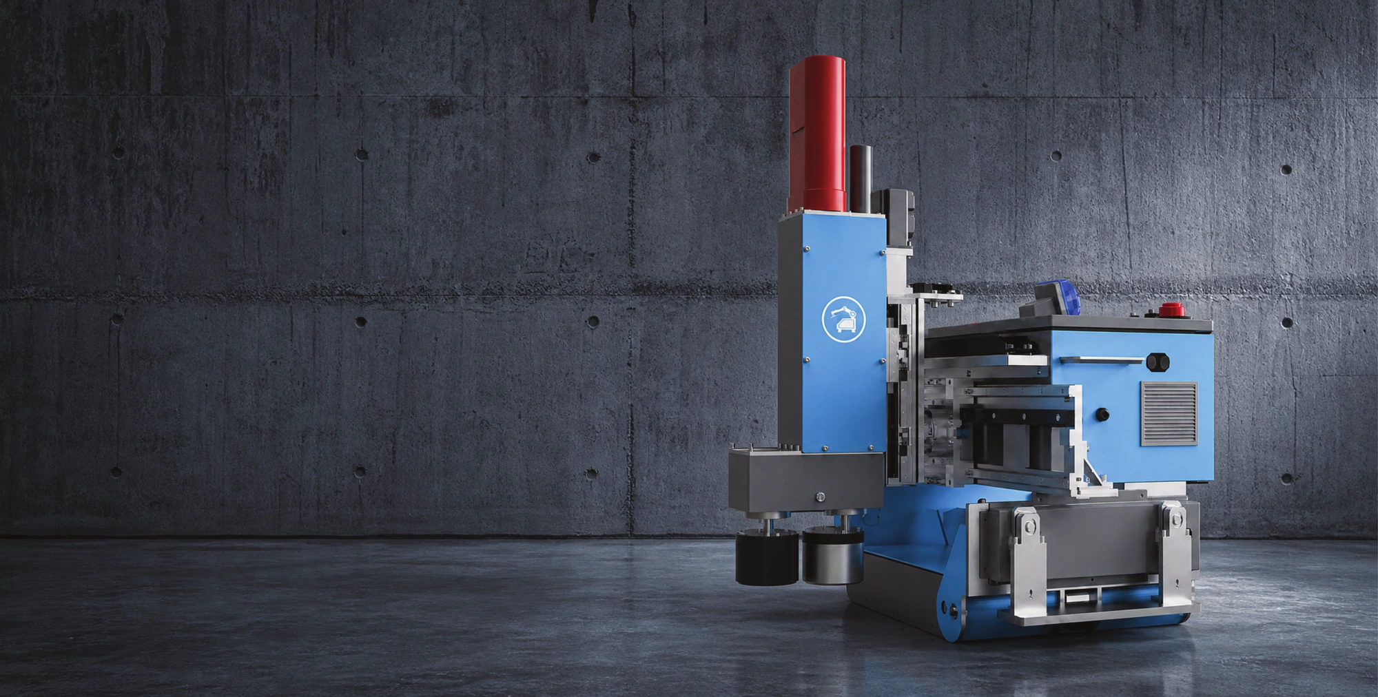 Blue floor leveling robot with laser mast and dual working heads