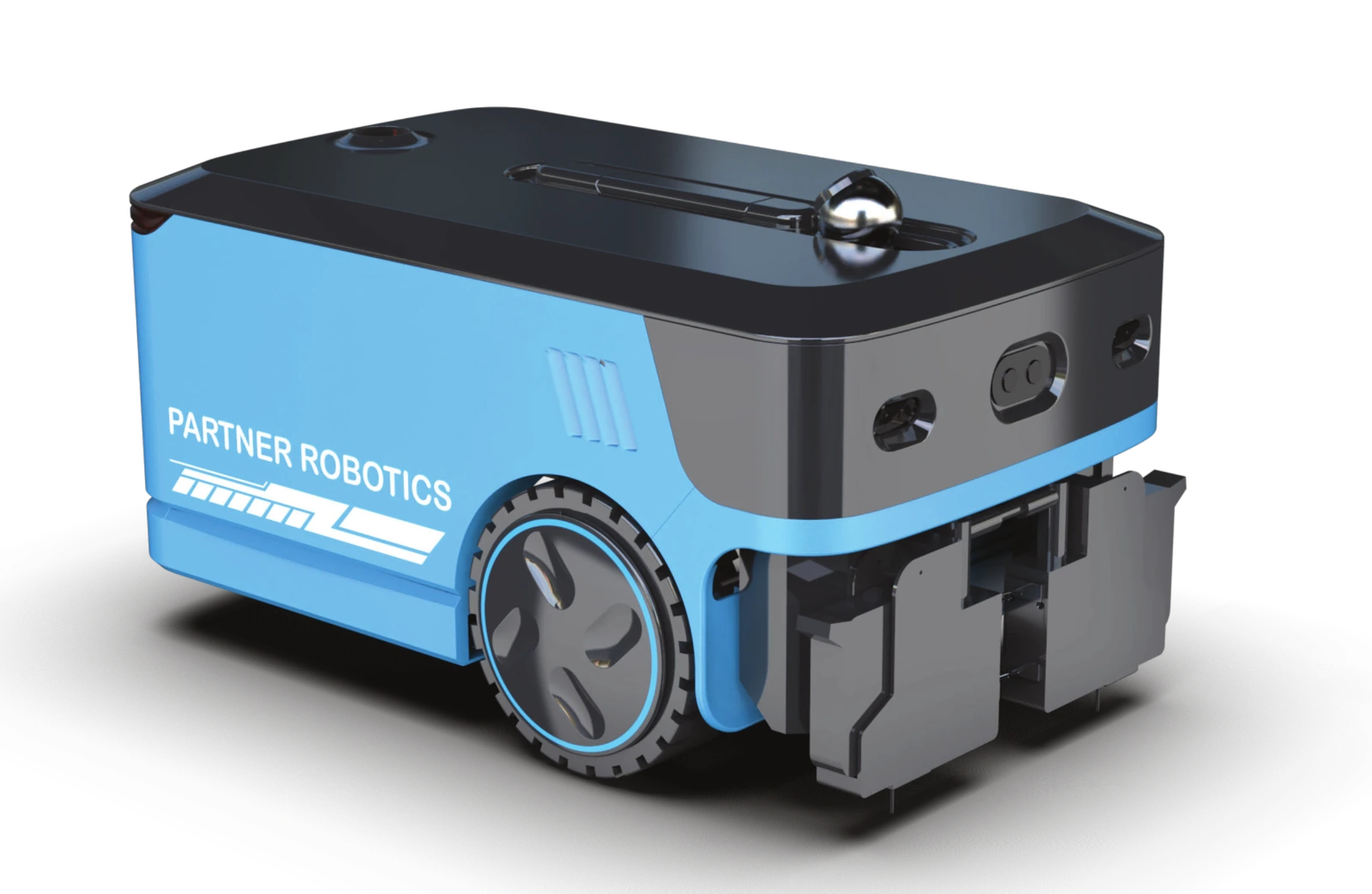 Blue layout marking robot with wheeled chassis and floor marking mechanism